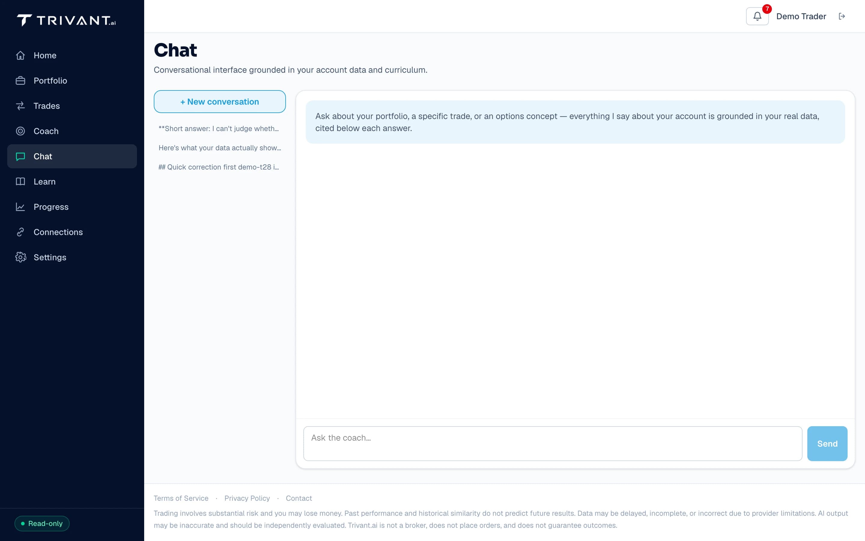 Trivant AI chat interface grounded in the user's own account data