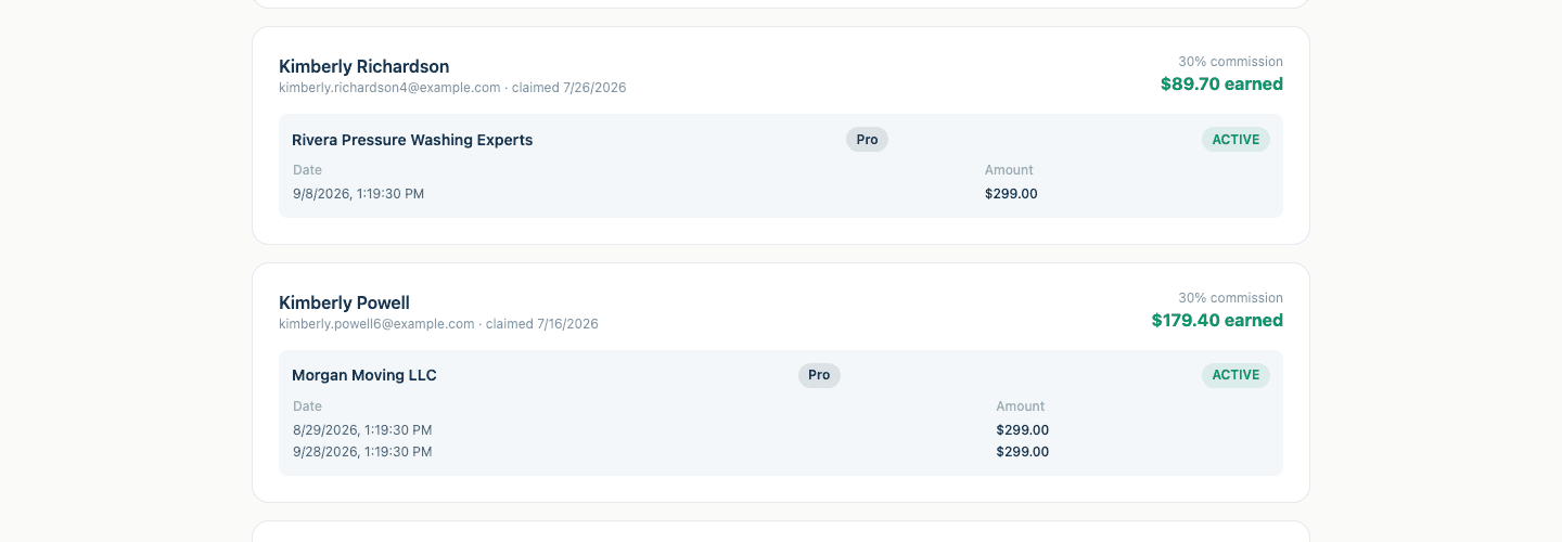 Trivant Partners dashboard showing individual referrals with their commission rate, earned amount, plan, and payment history