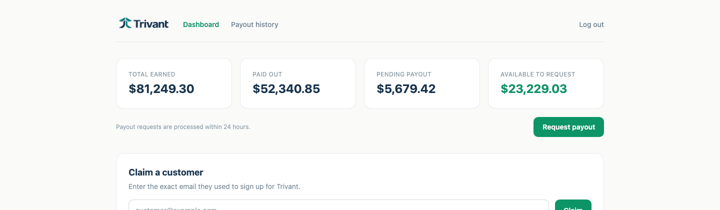 Trivant Partners dashboard showing total earned, paid out, pending payout, and available-to-request commission balances